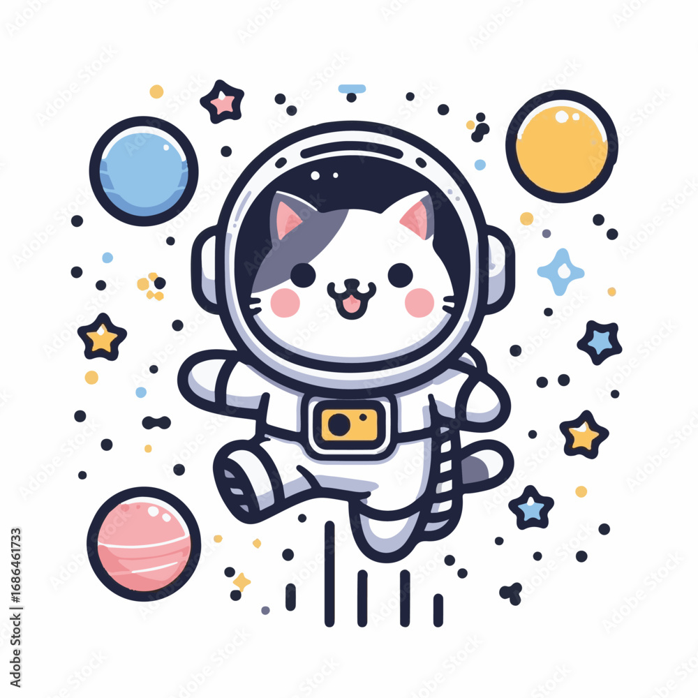 Naklejka premium Adorable Kawaii Cat Astronaut Exploring the Stars in Outer Space Adventure