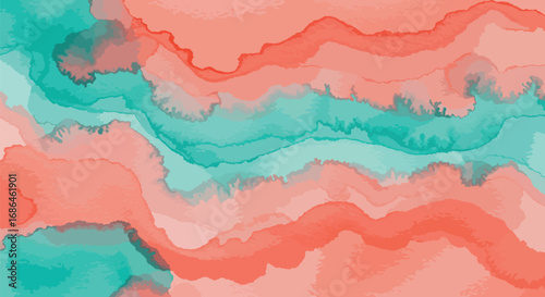 Abstract watercolor background with wavy patterns of coral and teal