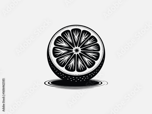 Illustration of an orange the orange is black and white and is cut in half the orange has a round shape and a juicy interior