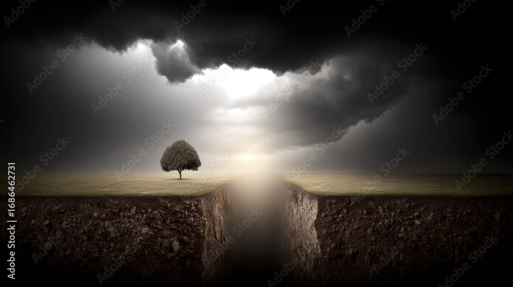 Obraz premium Solitary tree cliff chasm dramatic cloud light beam surreal landscape