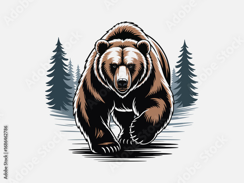 Vector art of a brown bear walking through a forest, the bear is facing forward and has a serious expression on its face