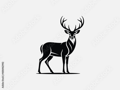 Vector art of graceful deer with majestic antlers, captured in a striking black and white vector illustration with refined details