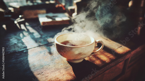 Steam tea cup ceramic wooden table sunlight beam fog warm cozy Steam tea cup ceramic wooden table sunlight beam and fog, warm cozy mood with dramatic shadows, low key lighting and rustic texture