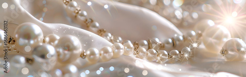 Shiny White Pearls with Elegant Fabric Background for Jewelry Exhibition and Bridal Accessories Event