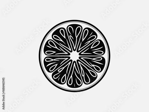 Vector art of a black and white illustration of a sliced orange, showcasing its intricate segments and circular shape in a minimalist style