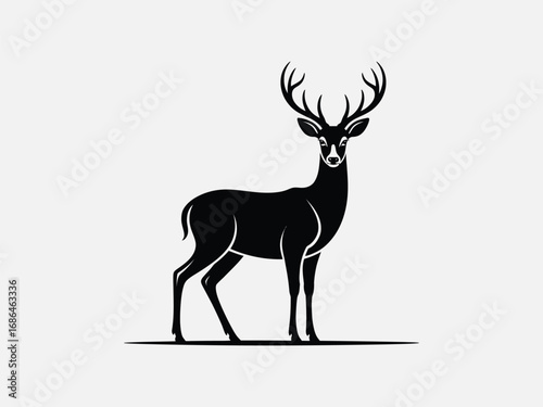 Vector art of elegant deer silhouette standing gracefully, , showcasing its majestic antlers and refined form in a minimalist style