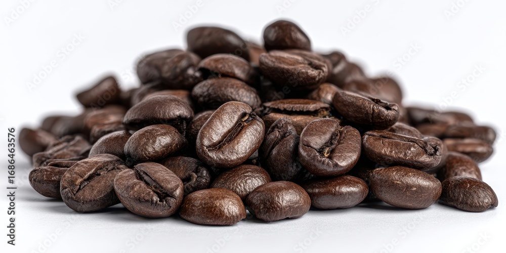 Naklejka premium The close-up view of a pile of freshly roasted coffee beans.