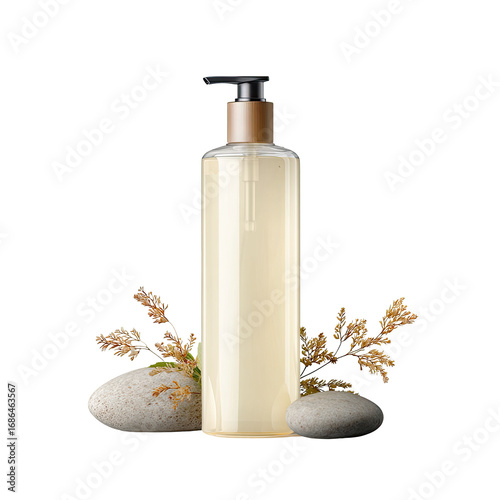 Clear plastic bottle of liquid, likely body wash or lotion, with a gold-toned pump top.  Natural elements like stones and wheat are featured, suggesting natural ingredients