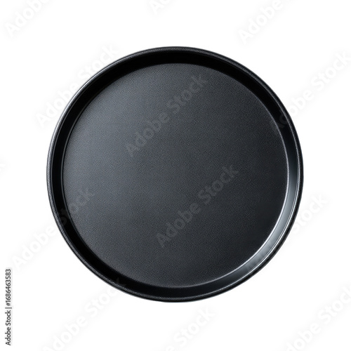 High-angle, top-down view of a dark gray or black circular baking sheet or tray