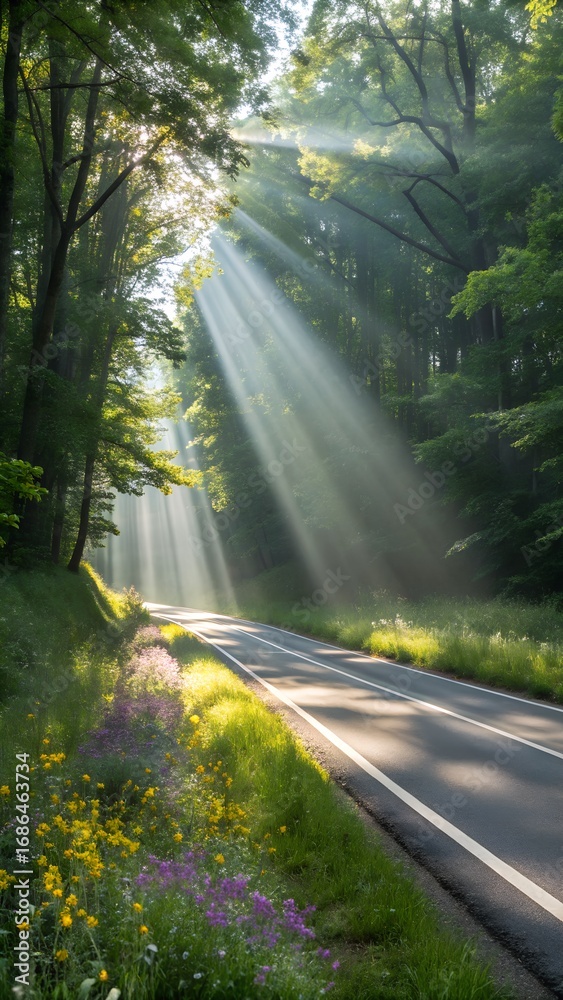Fototapeta premium Sunbeams stream through trees onto a road lined with wildflowers and green grass