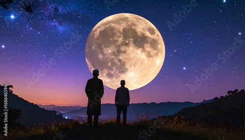 Two figures stand on a hilltop, gazing at a full moon