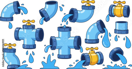 Colorful Cartoon Plumbing Pipes with Leaks and Water Droplets for Children or Educational Material