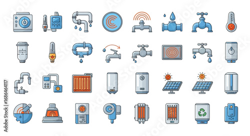Comprehensive collection of diverse plumbing, heating, and home appliance icons for digital