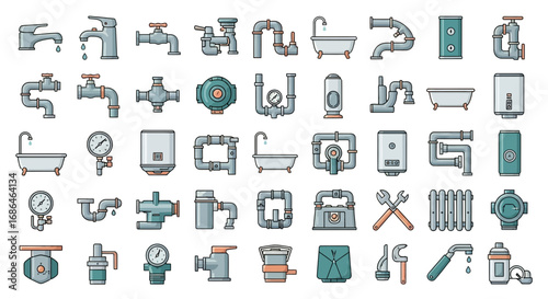 Comprehensive Collection of Plumbing and Pipe Fittings Icons for Design and Engineering Use