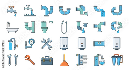 Comprehensive collection of plumbing components and tools for maintenance