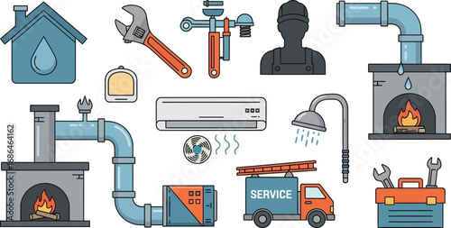 Comprehensive depiction of plumbing and maintenance tools in a workshop environment
