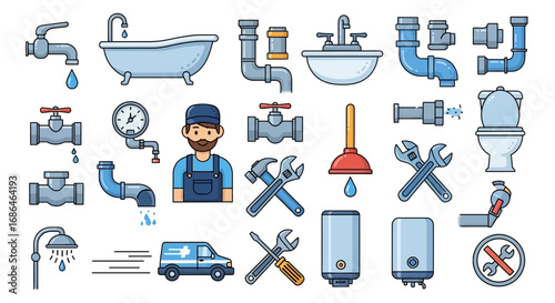 Comprehensive Plumbing and Maintenance Equipment Illustration Featuring Pipes Faucets Tools and
