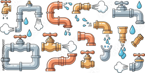 Illustration of Various Water Pipes and Faucets with Leaks and Water Droplets on a Black Background