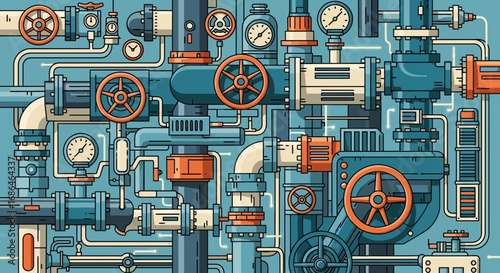 Intricate network of industrial pipes and valves forming a complex mechanical system