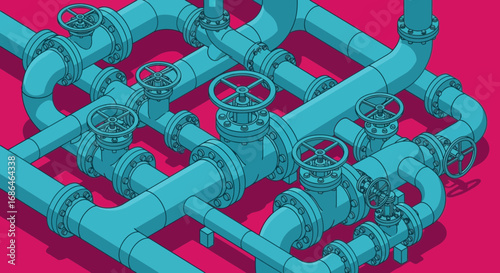 Intricate Network of Industrial Pipelines and Valves in a Modern Facility