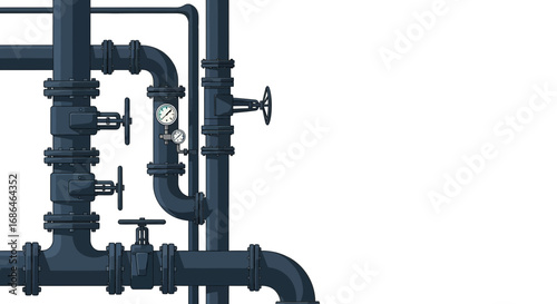 Intricate network of industrial piping with gauges and valves against black background