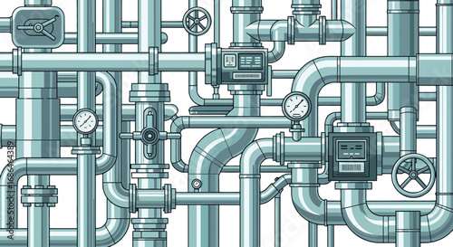 Intricate network of industrial pipes and valves with gauges and control panels in a mechanical