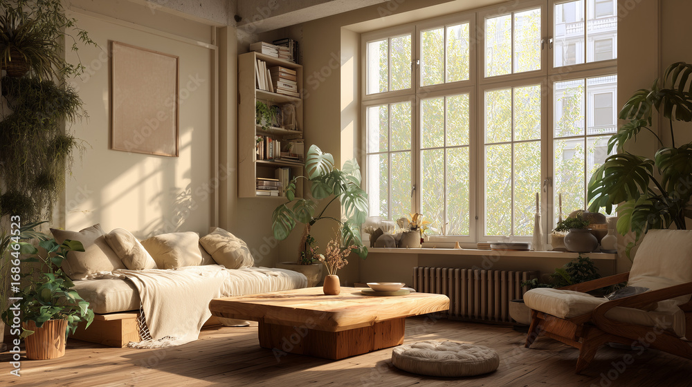 Fototapeta premium Cozy Japandi Living Room Interior