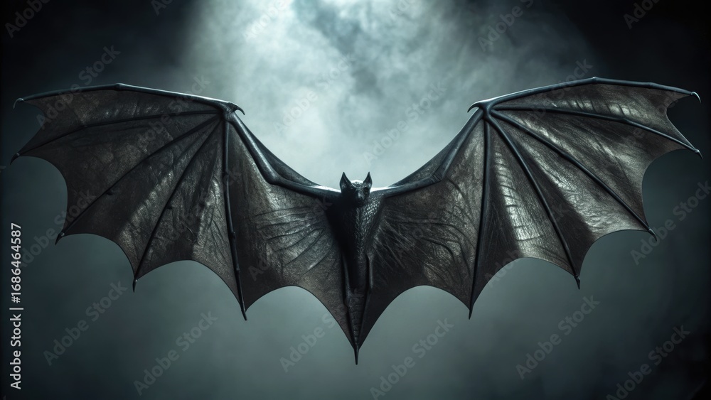 Fototapeta premium A detailed, dark bat with outstretched wings against a misty background, evoking a sense of mystery and the nocturnal.