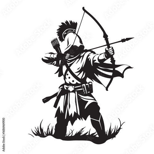 Heroic archer silhouette with bow vector design black and white illustration.