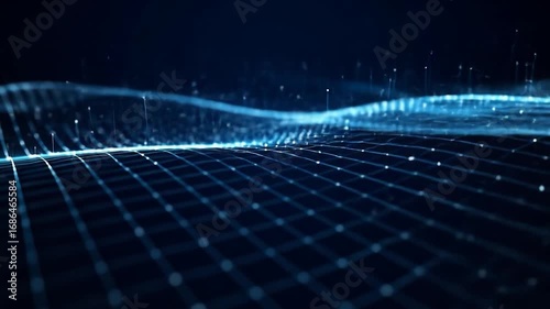 Digital abstract grid of blue lines with connected dots on dark background