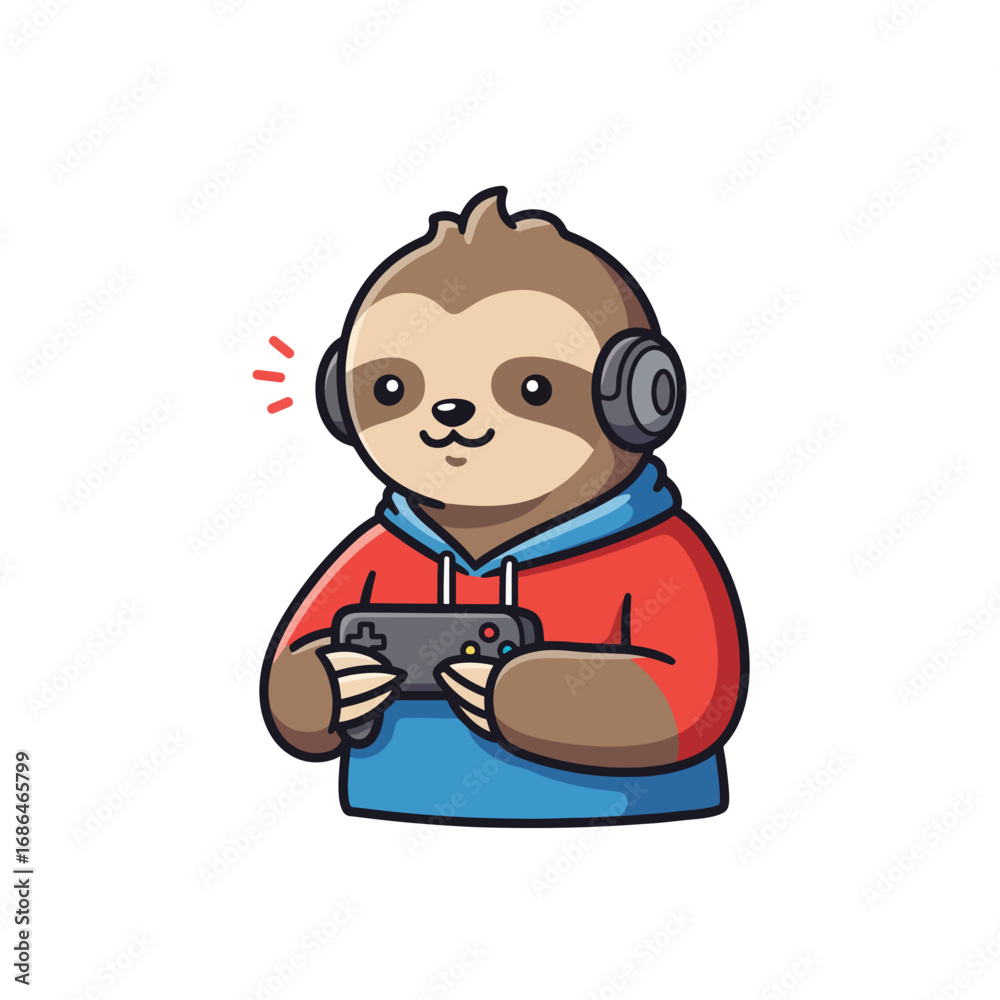 A cartoon sloth wearing headphones and a hoodie plays a video game A cartoon sloth wearing headphones and a hoodie plays a video game