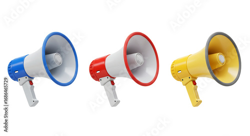 Three megaphones announcement communication red blue yellow