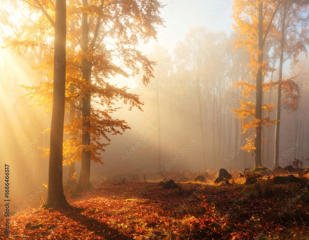 Obraz premium Golden rays of sunlight illuminate a misty autumn forest floor covered in fallen leaves