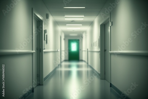 The long corridor of the hospital. Modern interior blurred background. AI generated.