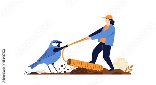 Charming illustration of a bird and person working together in a garden, teamwork concept