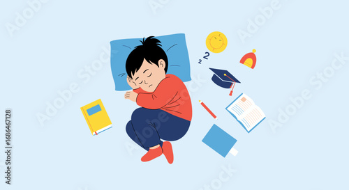 Boy dreams of graduation and success while sleeping surrounded by books and study tools