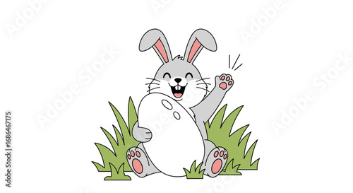 Adorable cartoon rabbit waving hello while holding a blank Easter egg on a spring day in the grass