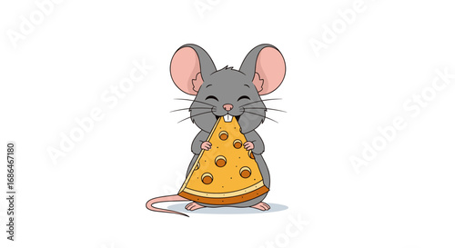 Adorable mouse enjoying a cheesy pizza slice with happy expression on a clean white background