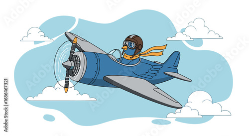 Whimsical cartoon bluebird soars high in a vintage airplane adventure through fluffy white clouds