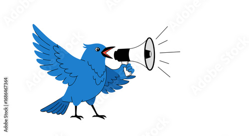 Vibrant blue bird speaking into megaphone, spreading awareness, positive message, or important news