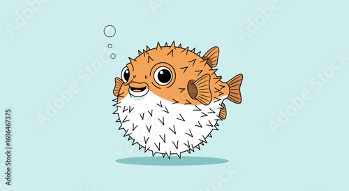 Cheerful pufferfish cartoon illustration with bubbles, perfect for children's books and educational materials