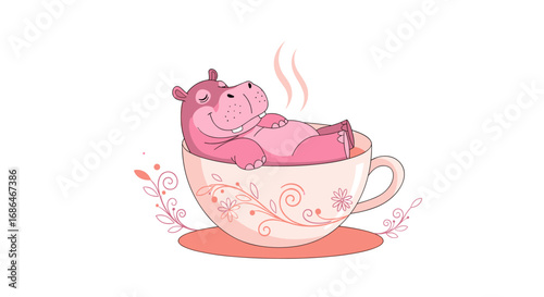 Adorable pink hippo relaxing in a floral teacup, perfect for children's book illustrations and cute designs