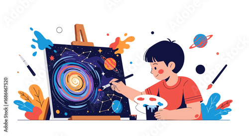 Creative boy painting a galaxy on canvas, expressing imagination through vibrant colors and cosmic dreams