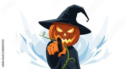 Spooky Halloween pumpkin witch points directly at you with glowing eyes and scary grin