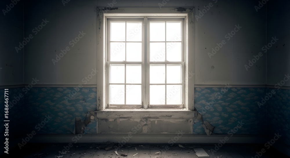 Fototapeta premium An old, abandoned room with a large window letting in bright light, creating a sense of mystery and decay