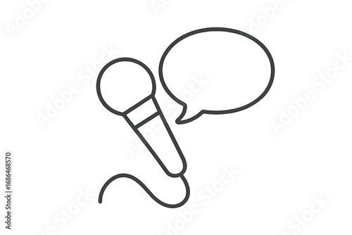 Podcast and interview concept with microphone and speech bubble. Public speaking, communication, voice, broadcast and journalism icon. Minimalist thin line vector illustration.