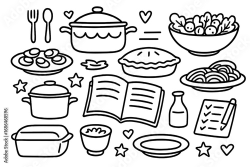 Hand drawn potluck and cooking icon set. Doodle vector illustration of food, recipes, kitchen elements. Includes pie, salad, pasta, casserole. Line art cartoon for sharing meals.