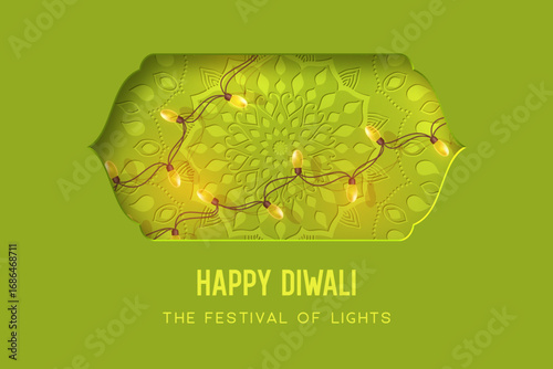 Happy Diwali Festival of Lights greeting card with glowing diya lamps and garlands in 3D layered green arch with mandala pattern, festive background for holiday celebration. Vector illustration.