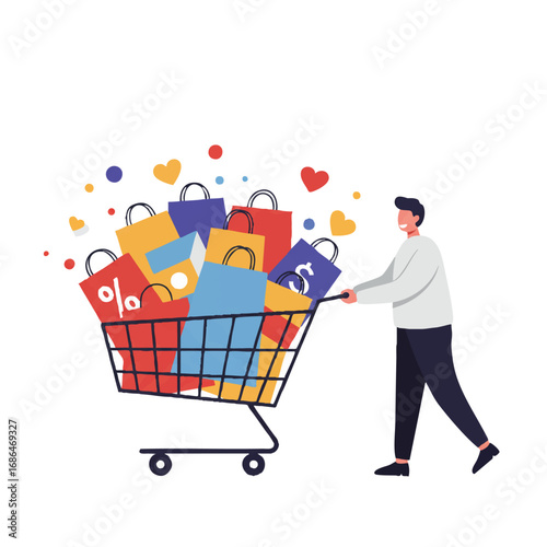 A joyful person happily pushes a vibrant shopping cart overflowing with colorful bags and abstract product shapes in a modern 2D flat vector illustration.