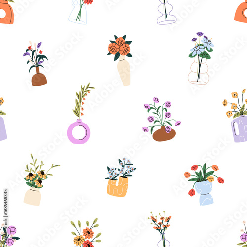 Wallpaper Mural Repeatable pattern of different flowers in modern vases. Endless background of glass and ceramic pots with bouquets. Posies of blooming plants, wildflowers in jugs. Flat seamless vector illustration Torontodigital.ca